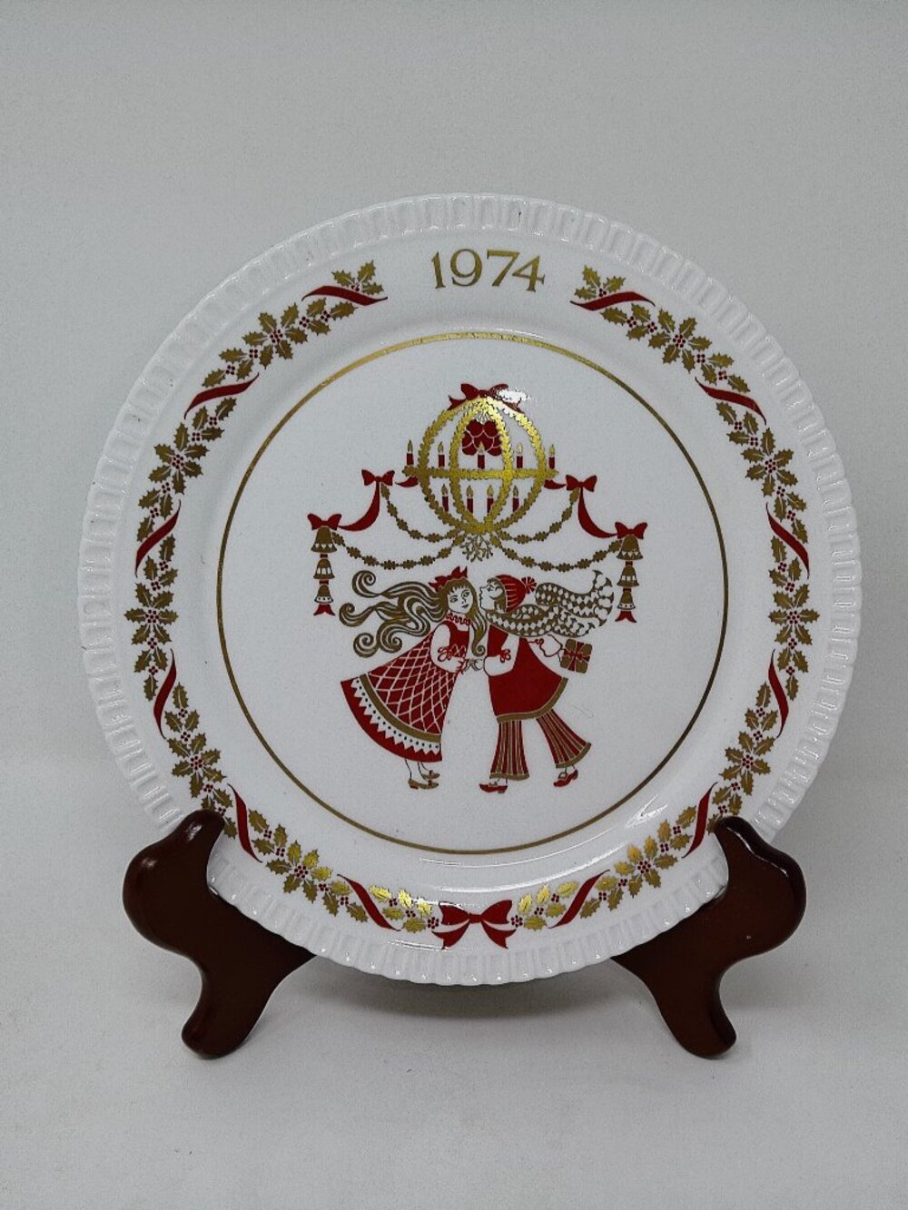 Vintage Spode White Plate with Red and Gold Holiday Dance Design (1974)